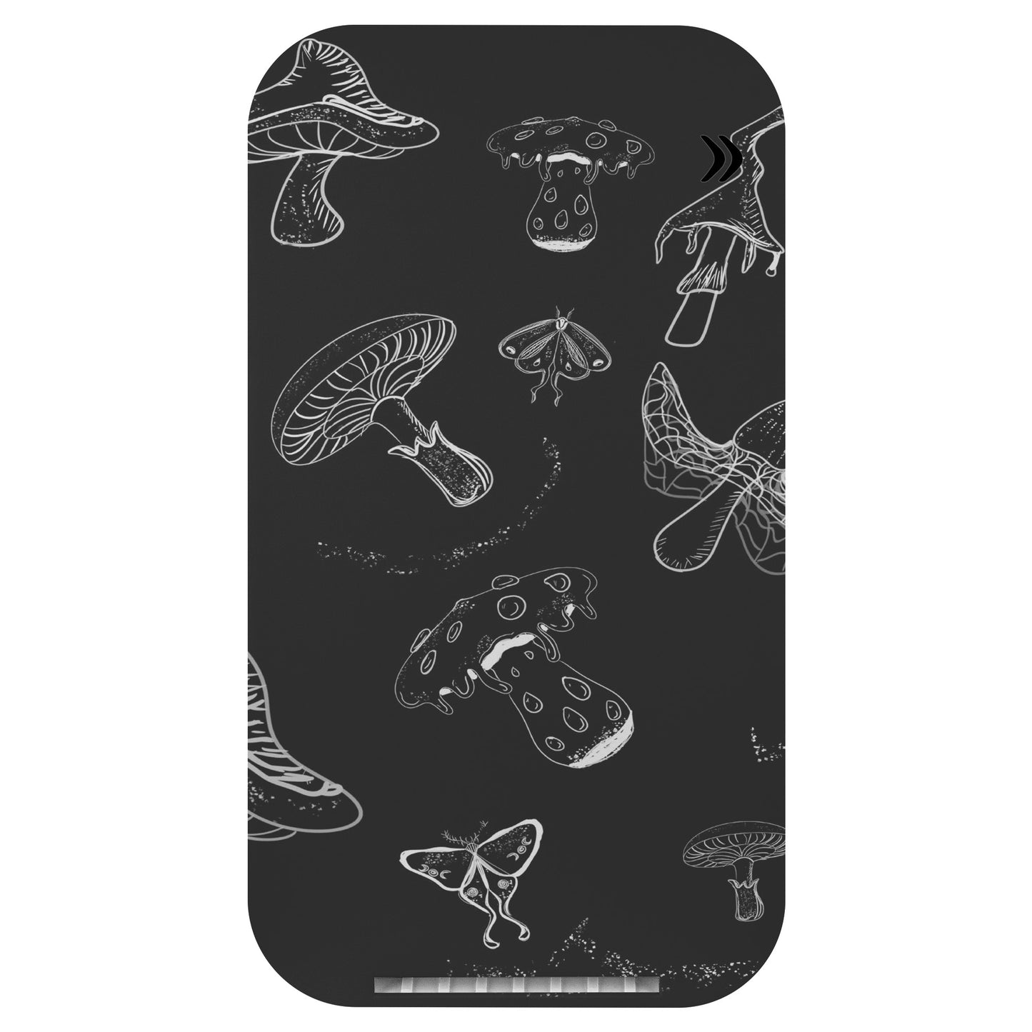 Black and white mushrooms with lunar moth phone charger